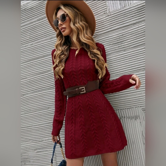 Maroon Cable Knit Sweater Dress Without Belt - Picture 1 of 4